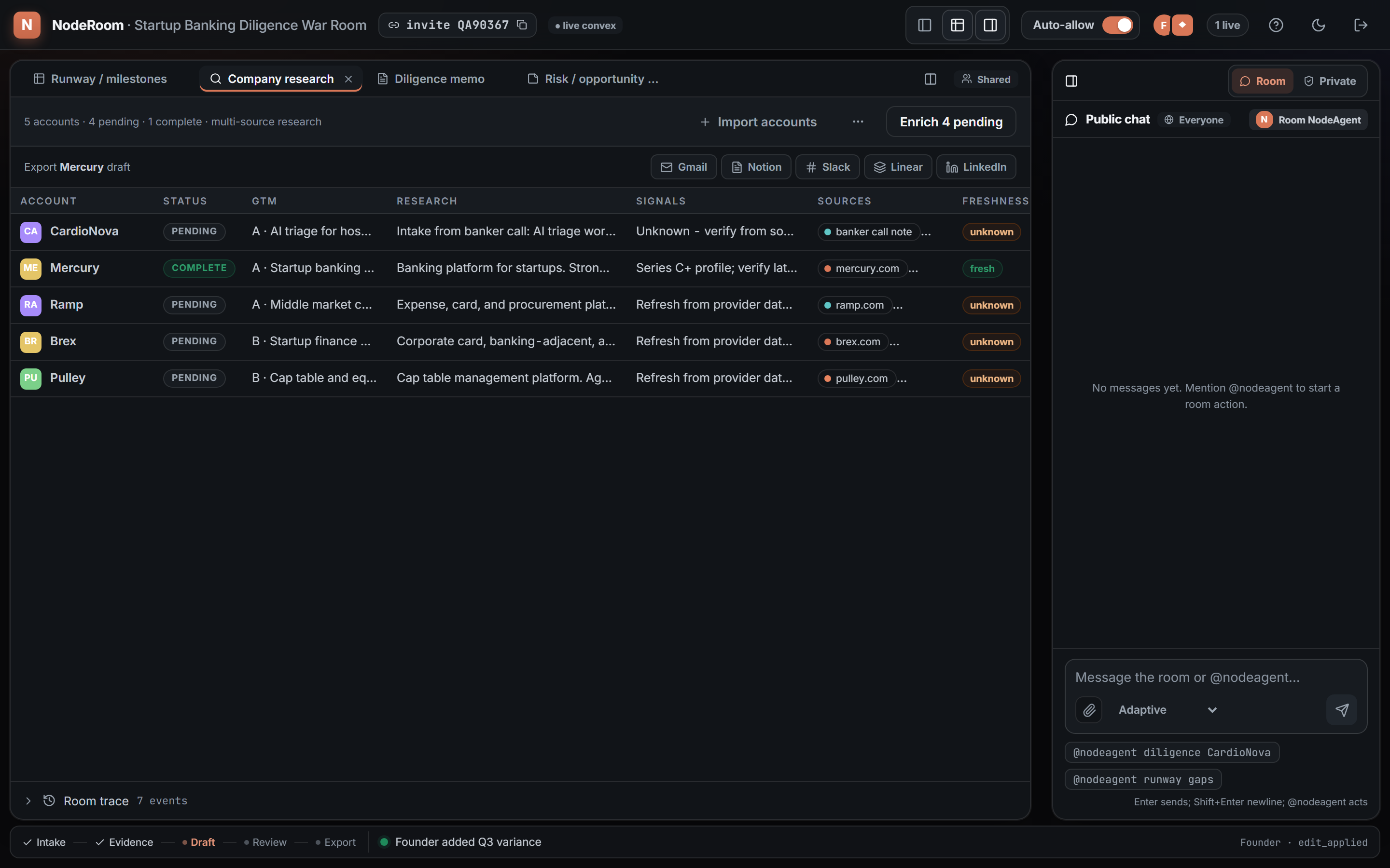 NodeRoom app interface with shared room workspace and NodeAgent context